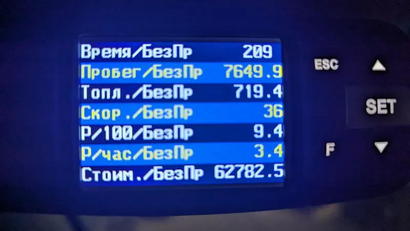 Экран бортового компьютера с наработкой 209 часов, пробегом 7649,9 км, расходом топлива 719 литров и средней скоростью 36 км/ч