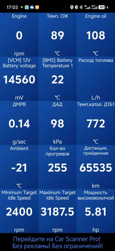Экран Car Scanner, масло двигателя 108 градусов, охлаждающая жидкость 89, за бортом минус 21